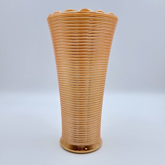Vintage Peach Luster Fire King Milk Glass Vase With Ribbed Design Scalloped Edge - Picture 2 of 11